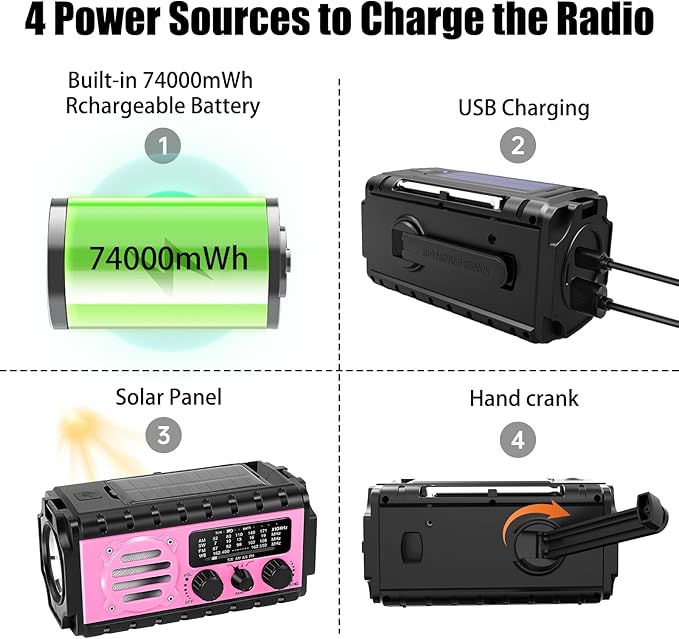 74000mWh Emergency Radio with NOAA Weather, Portable Hand Crank SW/AM/FM - Image 7