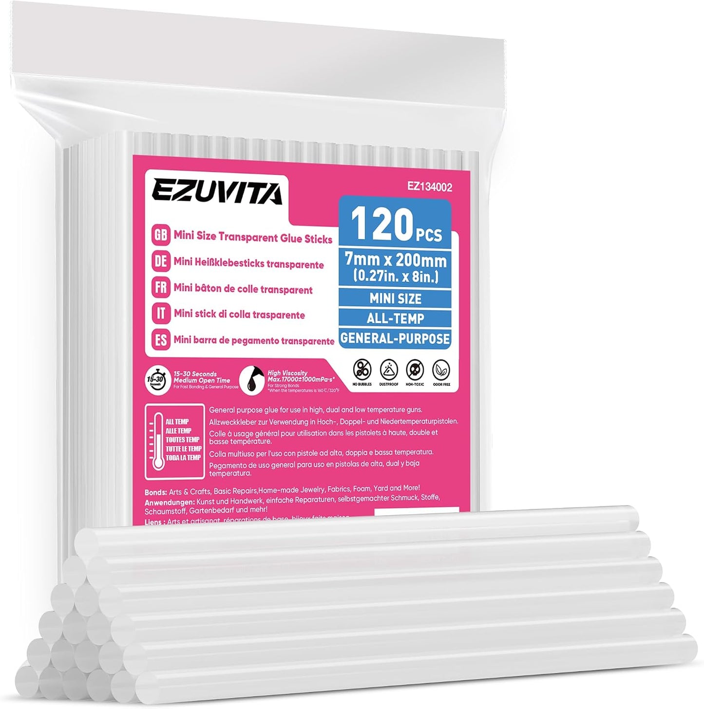 EZUVITA 120-Pack Mini Size Hot Glue Sticks, 0.27” Dia x 8” Long | Clear, for All-Temp Mini Glue Guns, for DIY Art Craft General Repairs, Festival Decorations