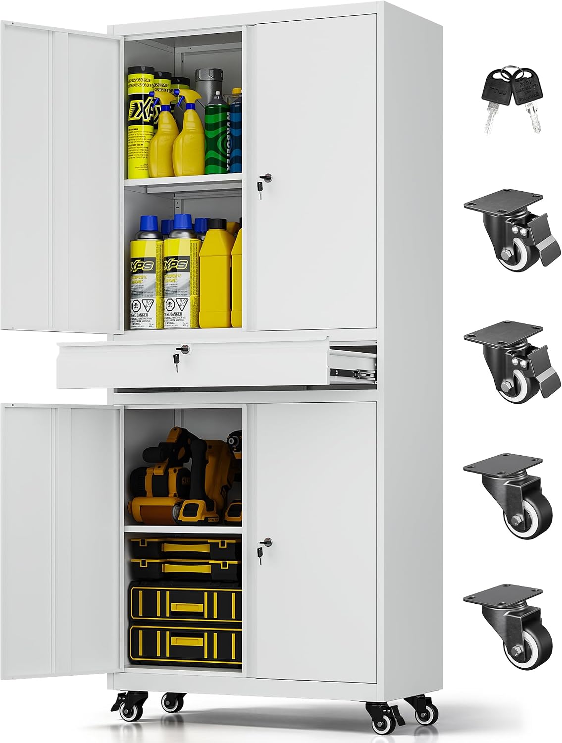 73" metal garage storage cabinet with wheels， rolling shown in use