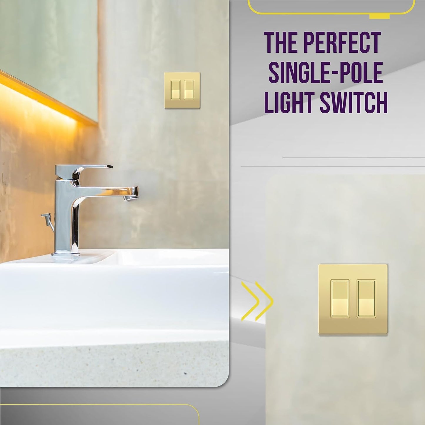 ENERLITES Gold Single Pole Decorator Paddle Light Switch, 15A, 2 Pack | Decorative Rocker Switch, 120V/277V, 3 Wire, Grounding Screw, Residential Grade, Gloss Finish, UL Listed