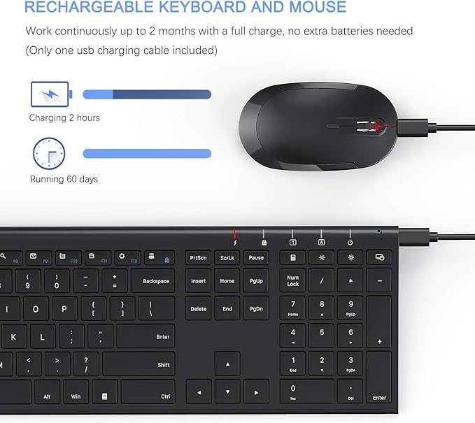 Wireless Keyboard and Mouse, Vssoplor 2.4GHz Rechargeable Compact Quiet - Image 3