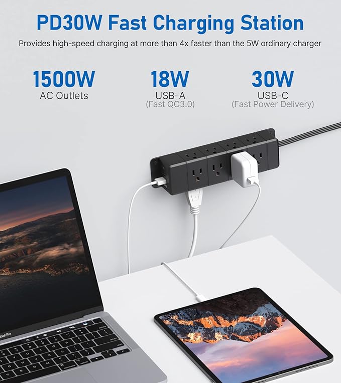 30W USB C Power Strip Surge Protector, 4 Side 12 Outlets Desk Power Strip - Image 3
