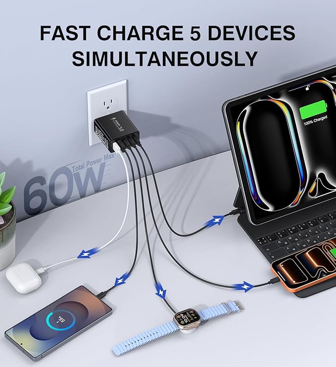 USB C Wall Charger, 60W Type C Charger Block 5-Port Fast Charging Blocks - Image 2