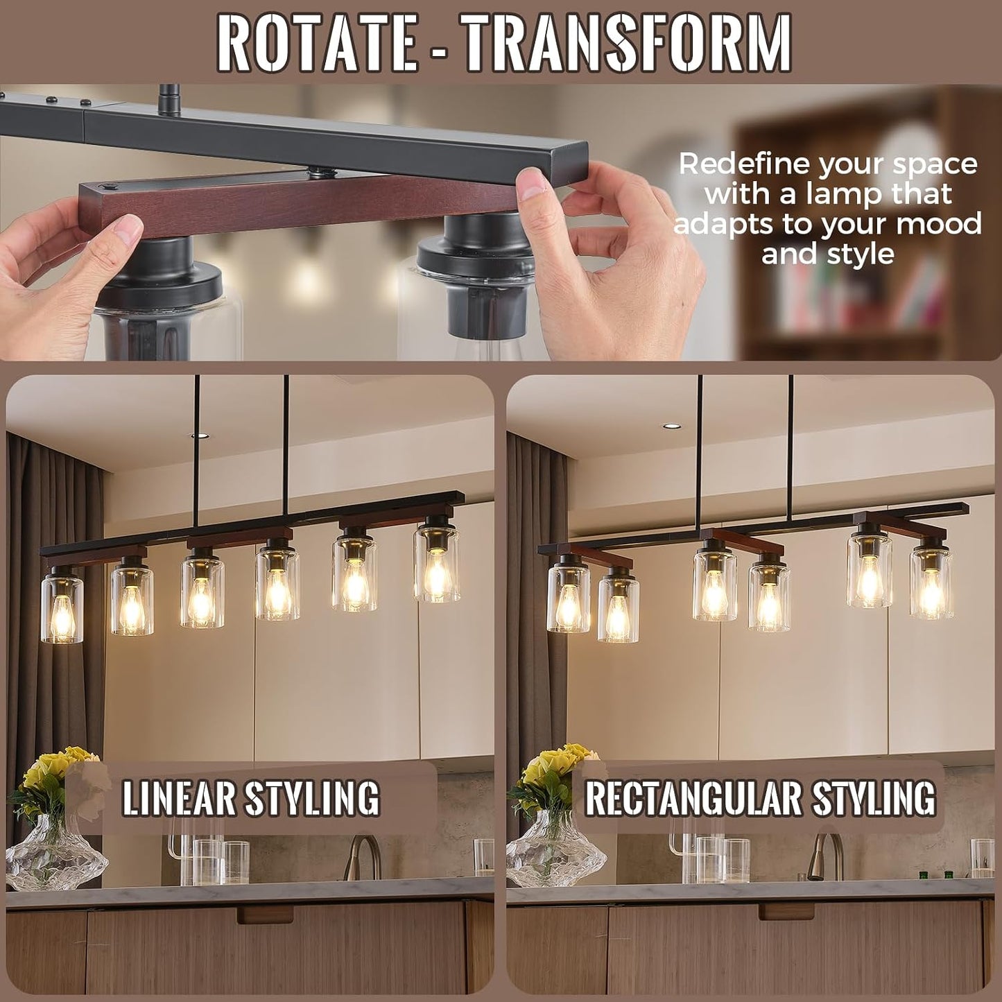 6-Light Black Linear Chandelier,43.3" Dining Room Light Fixture Over Table | Rotating Arms,Wooden Accents,Clear Glass,Adjustable Height, Sloped-ceiling Support for Kitchen Islands, Dining Tables,Bars.
