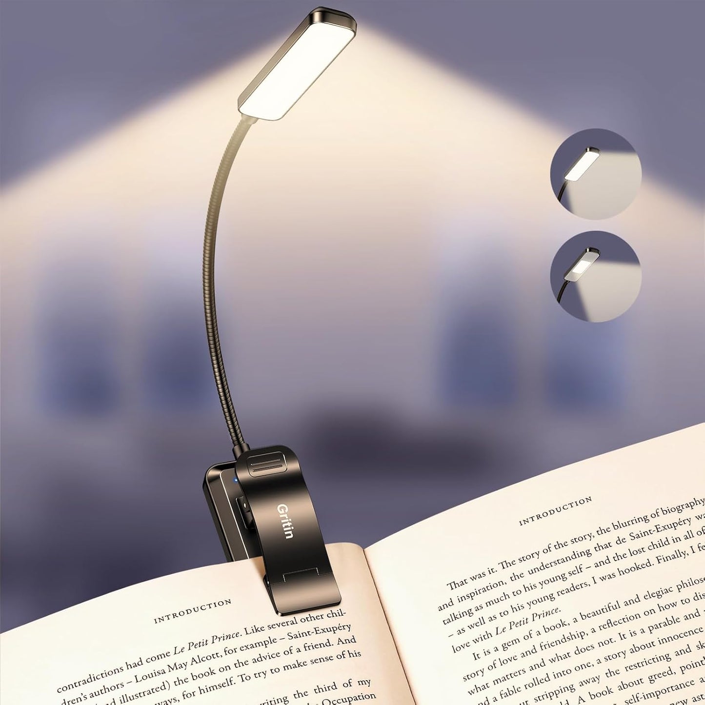 Gritin 2026 Gen 2 Book Light for Reading- 30 Eye Caring Full Spectrum LED | 5 Colors & 5 Brightness, Adjustable Wide/Narrow Beam, Upgrade 1500mAh Long-Lasting Rechargeable Clip on Light for Book Lovers