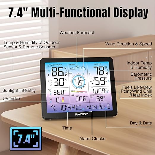 Raddy VP7 Wi-Fi Weather Station, 15-in-1 Wireless Weather Station Indoor Outdoor - Image 3