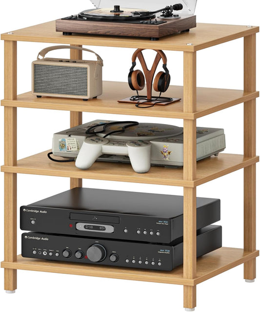 4-Tier AV Media Player Stand, Natural Stereo Cabinet, Modern Audio Shelf