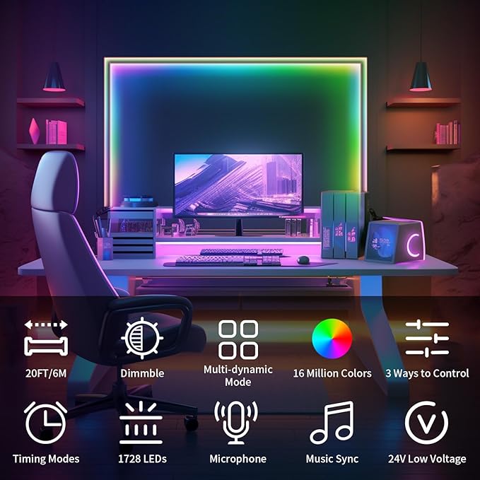 BUNACET 20FT LED Strip Lights COB Smart IC, 24V RGB LED Lights - Image 2