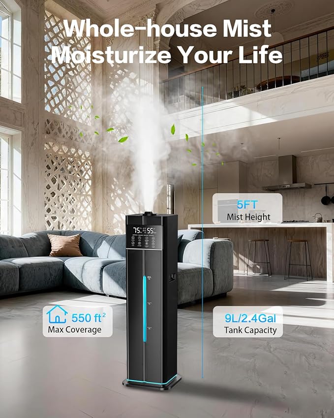Cool Mist Humidifiers for Large Room, Ultrasonic 2.4Gal 9L Quiet Top-Fill - Image 2