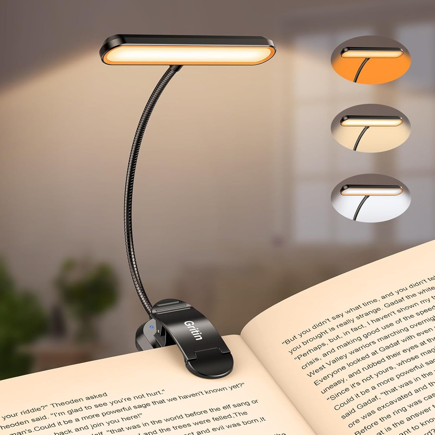 Gritin Rechargeable Book Light for Reading in Bed with 19 LED | Eye Caring 3 Color Temps,5 Brightness Levels,Memory Function,90 Hrs Runtime Flexible Goose Neck Clip on Light for Book Lovers