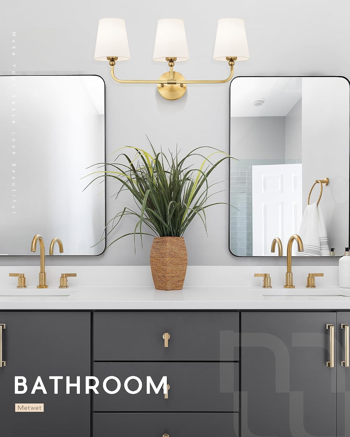 3-Light Brushed Gold Bathroom Vanity Light, White Fabric Shades | 24.5" bathroom light fixtures over mirror, upward only, E26 base, bulbs not included, VL837-BG-3