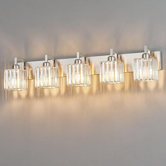 FDPBY Modern Bathroom Vanity Light 5-Lights Brushed Nickel Vanity Light Crystal by FDPBY