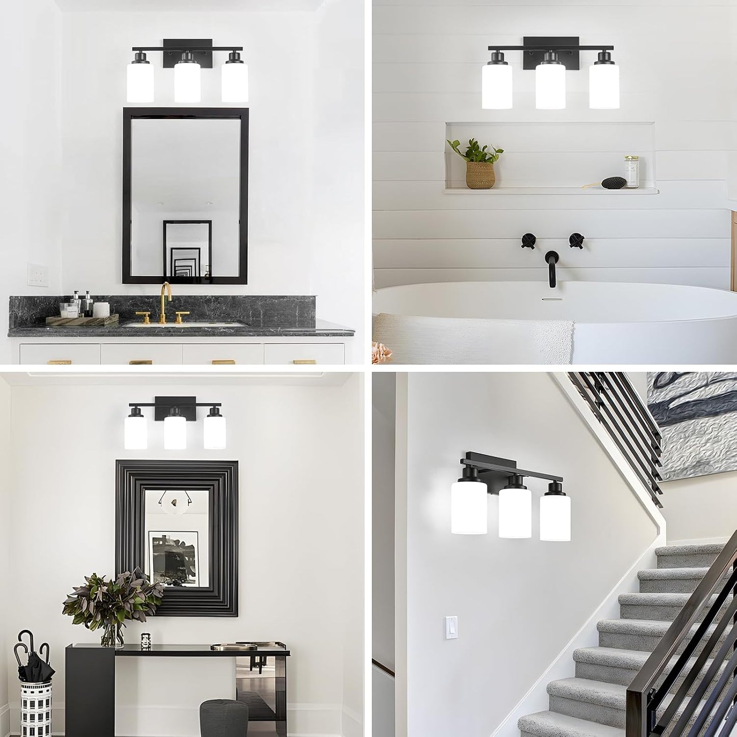 3-Light Black Bathroom Light Fixture Over Mirror,Modern Farmhouse Vanity Light,Wall Sconces with Milky White Glass Shade for Bathroom,Bedroom, Living Room,Staircase,Hallway E26