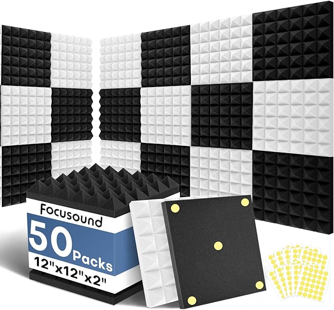 Focusound Black White Acoustic Panels 50 Pack 2"x12"x12" by Focusound