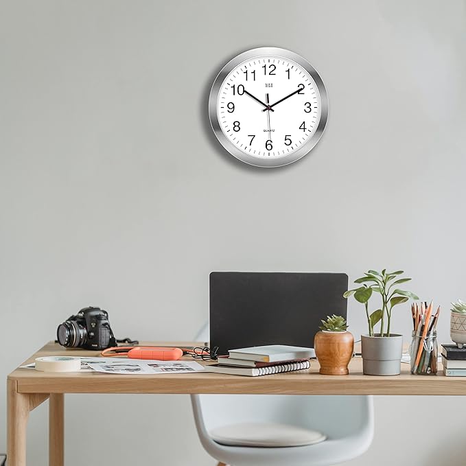 HITO 12 Inch Silent Wall Clock Battery Operated Non Ticking Glass Cover Silver - Image 7
