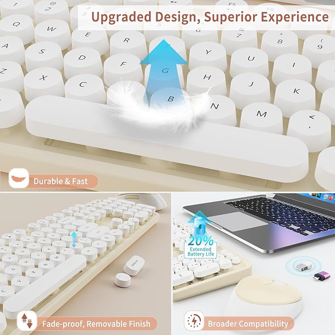 HotFox Wireless Keyboard and Mouse Combo, Full-Size Retro Typewriter Keyboard - Image 6