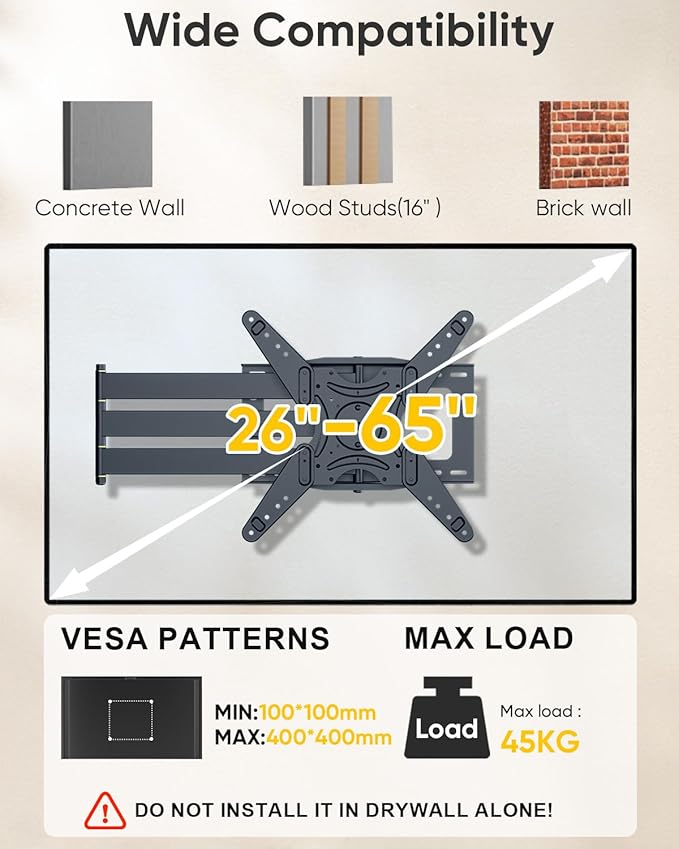 Extra Long Arm TV Wall Mount 48'' Extension, Rotating TV Wall Mount 180° Heavy - Image 2