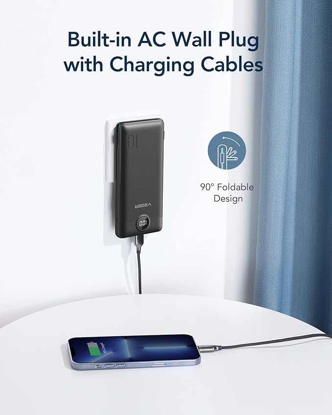 VEGER Portable Charger for iPhone Built in Cables and Wall Plug, 10000mah Slim - Image 3