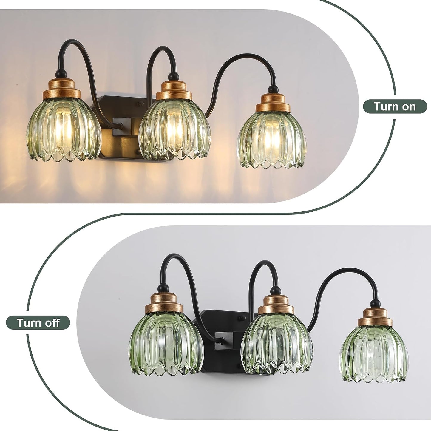 Vintage Gold Bathroom Light Fixtures,3 Light Green Tulip Crystal | Brushed Gold Vanity Lights,Matte Antique Brass Finish, Mid Century Style,Wall Sconces for Bedroom,Hallway,Easy to Install