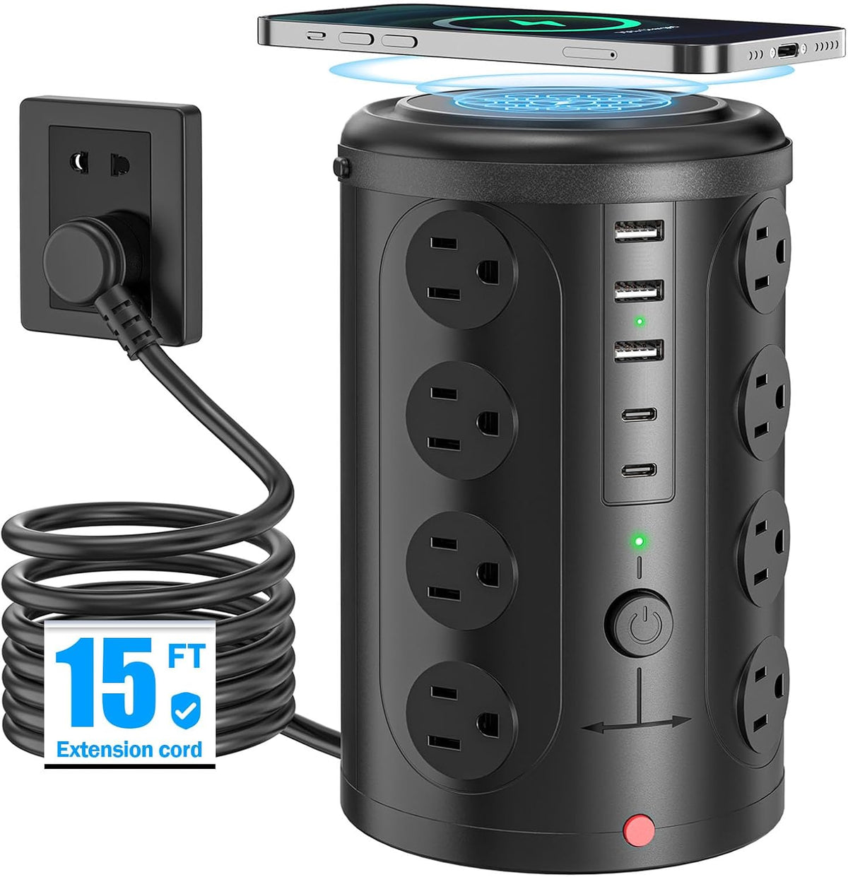 Tower Power Strip with 15W Wireless Charger, 15FT Extension Cord with Multiple