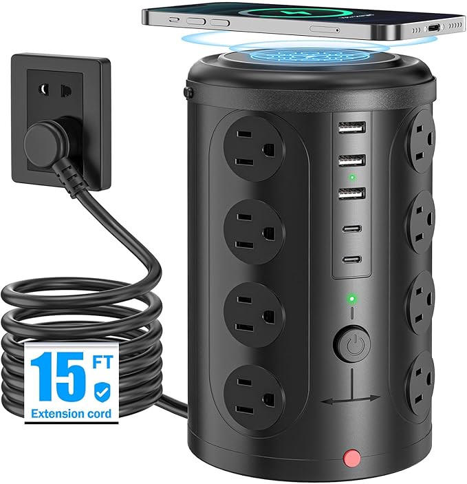 Tower Power Strip with 15W Wireless Charger, 15FT Extension Cord with Multiple by Unknown