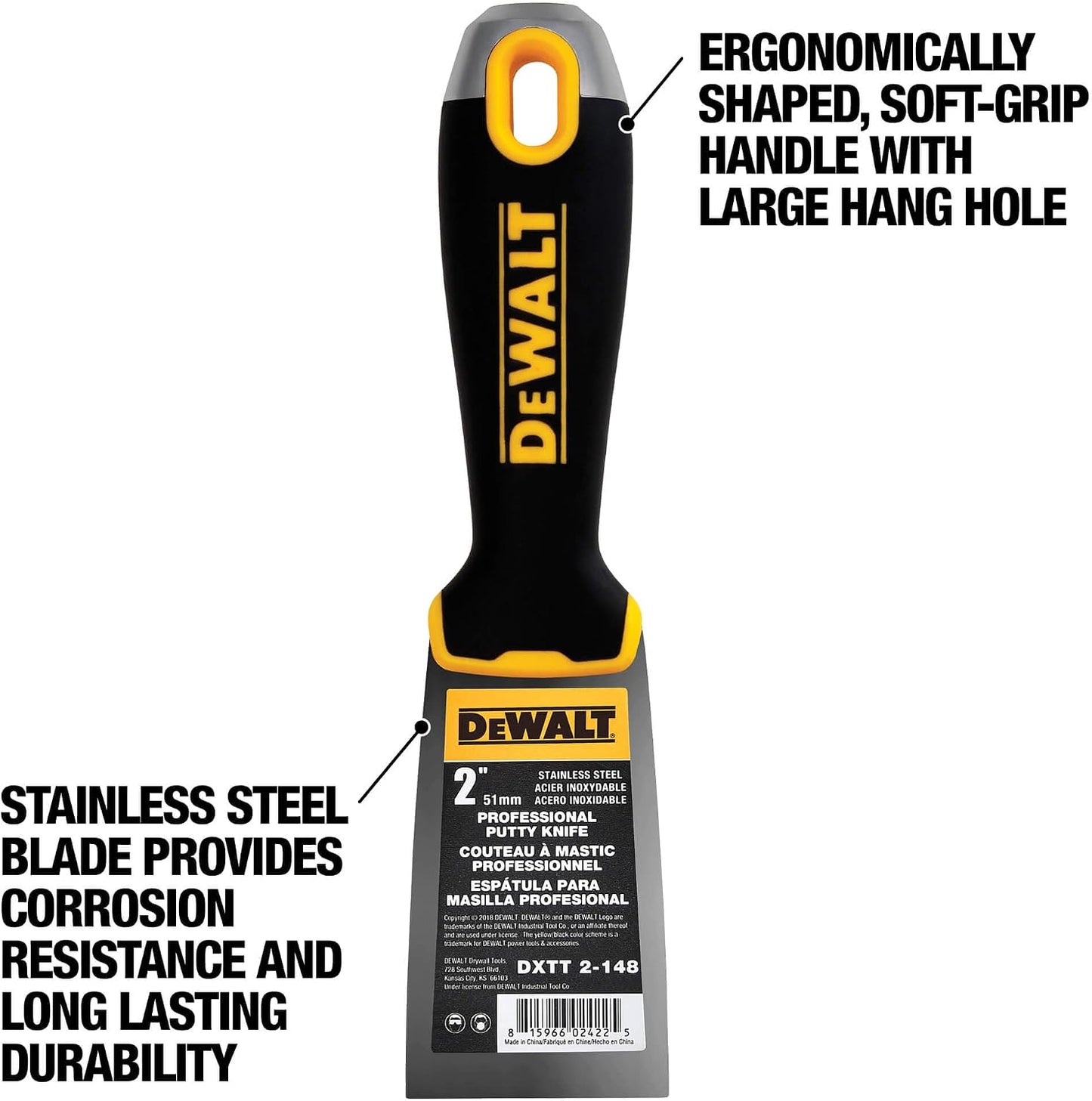 DEWALT 2" Putty Knife | Stainless Steel w/Soft Grip Handle | DXTT-2-148