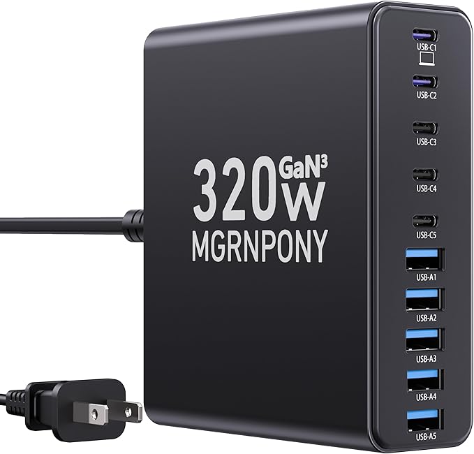 320W USB C Charger Block, 10-Port USB C Charging Station GaN III PD 65W Laptop by MGRNPONY