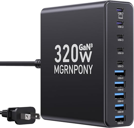 320W USB C Charger Block, 10-Port USB C Charging Station GaN III PD 65W Laptop by MGRNPONY
