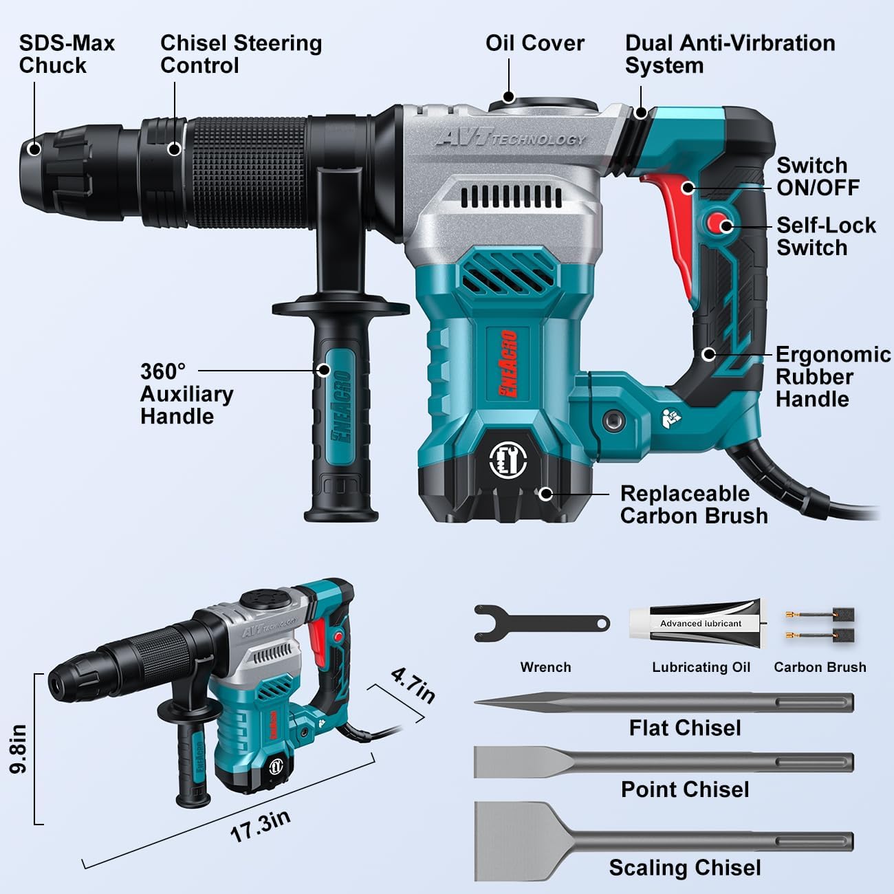 ENEACRO SDS-Max Demolition Jack Hammer, 11 Amp Electric | Lightweight, Aluminum Alloy Shell, Vibration Control, Includes Tool Bag & 3 Chisels, For Concrete