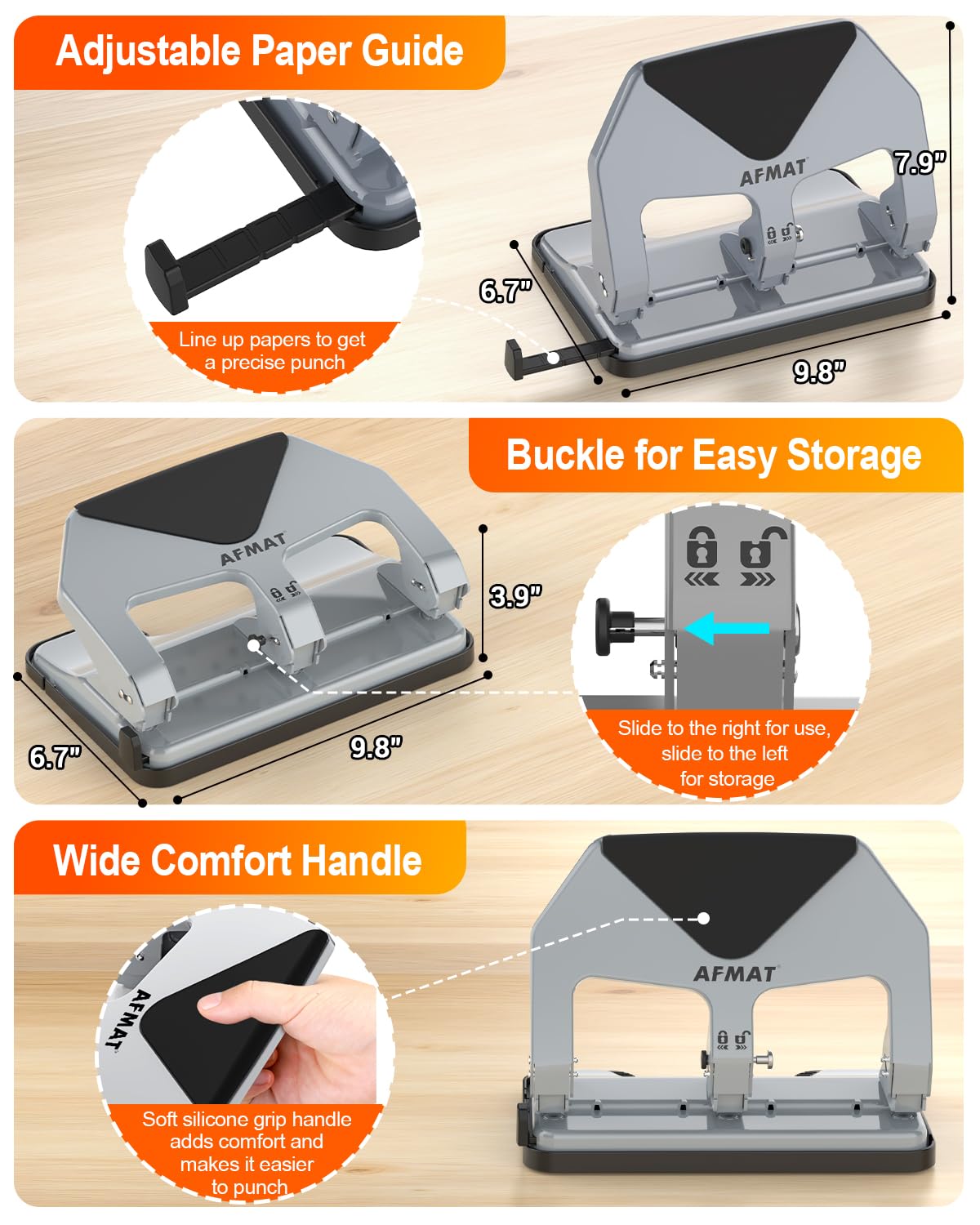 AFMAT 3 Hole Punch Heavy Duty, 50-Sheet Three Hole Punch, 50% Reduced Effort, 10,000+ Uses, 9/32" Holes, S.S. Paper Guide, 3 Hole Puncher for Binder, Metal Hole Puncher for Home Office School HP20