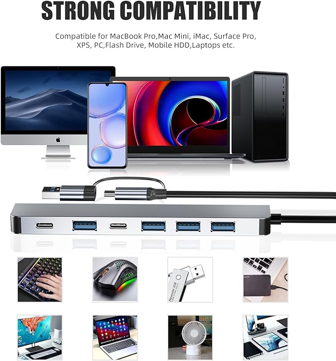 【Upgrade】 USB C/USB Hub, BERLAT Aluminum 7 in 1 USB C & USB Hub - Image 7
