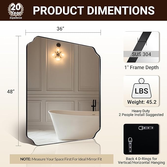 ANDY STAR 36x48 Inch Large Mirror, Matte Black Rectangle Mirror - Image 2