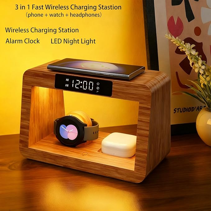 Bamboo Wireless Charging Station, 3 in 1 Charging Station - Image 2