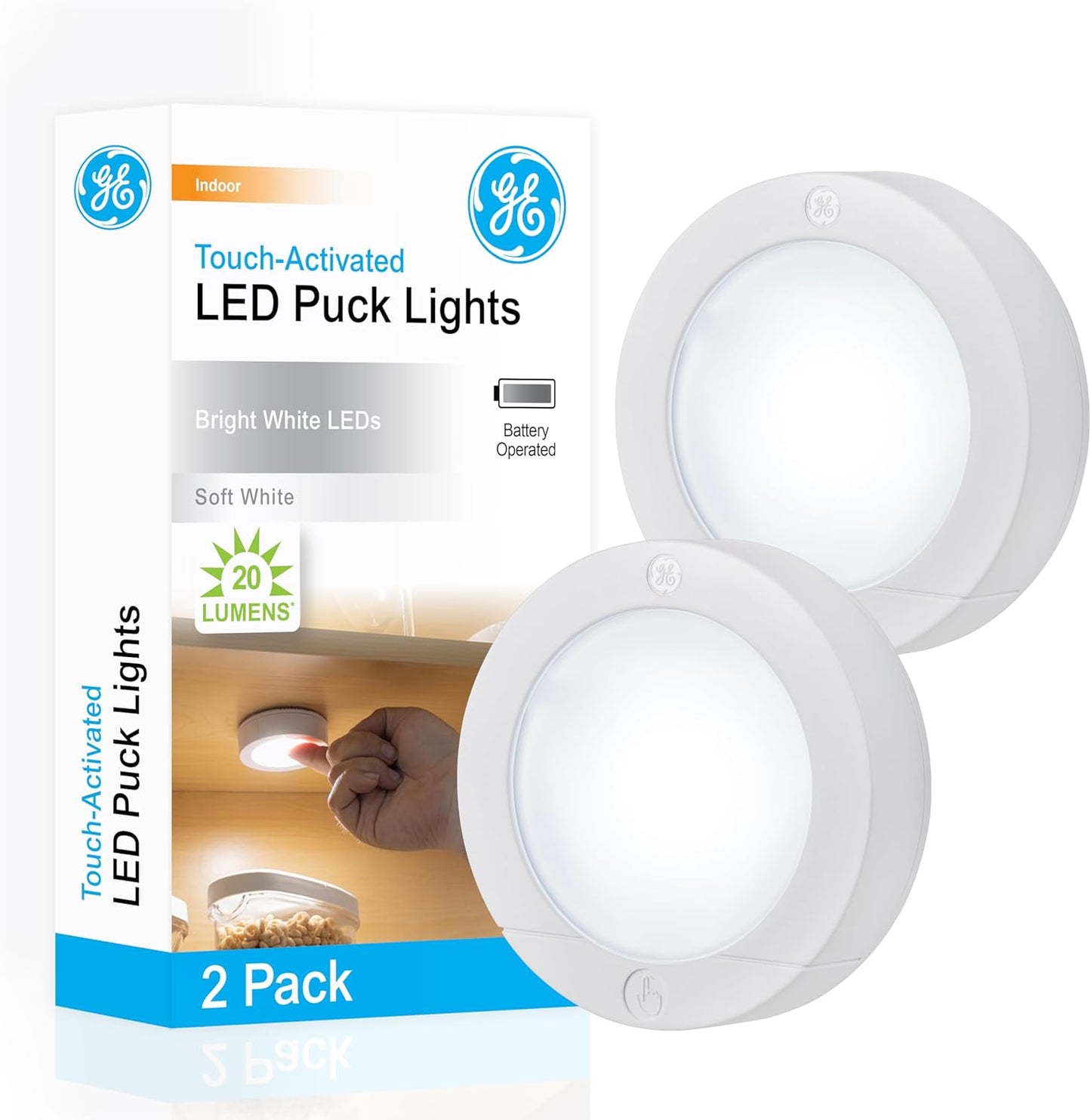 GE Under Cabinet LED Puck Lights Wireless Battery Operated, Touch Activated Stick On Lighting for Kitchen Closet Pantry Bookshelf Garage, Bright White 20 Lumen, 2 Pack, 25434