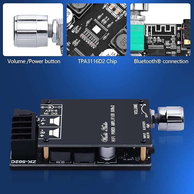 Audio Amplifier Board, ZK-502C Mini Bluetooth Amp Receiver 2.0 Channel 50W x 2 - Image 3