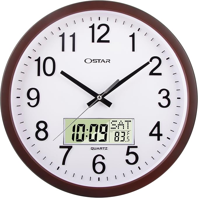 OSTAR 14" Large Analog Digital Display Wall Clock Silent Non-Ticking, Day of by TrulySilentClocks