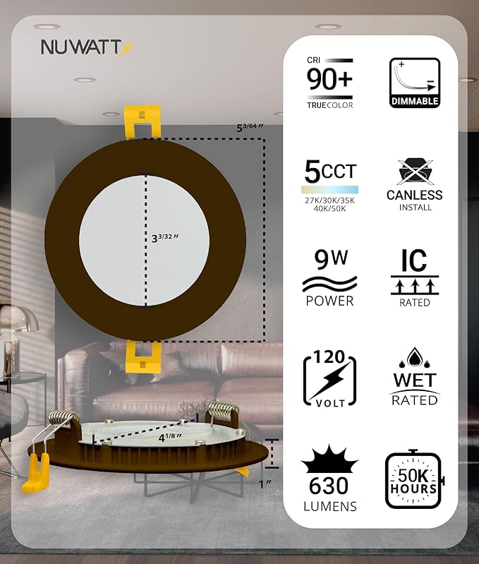 NUWATT 6 Pack 4 Inch Ultra-Thin Bronze LED Recessed Lighting, 5CCT - Image 2