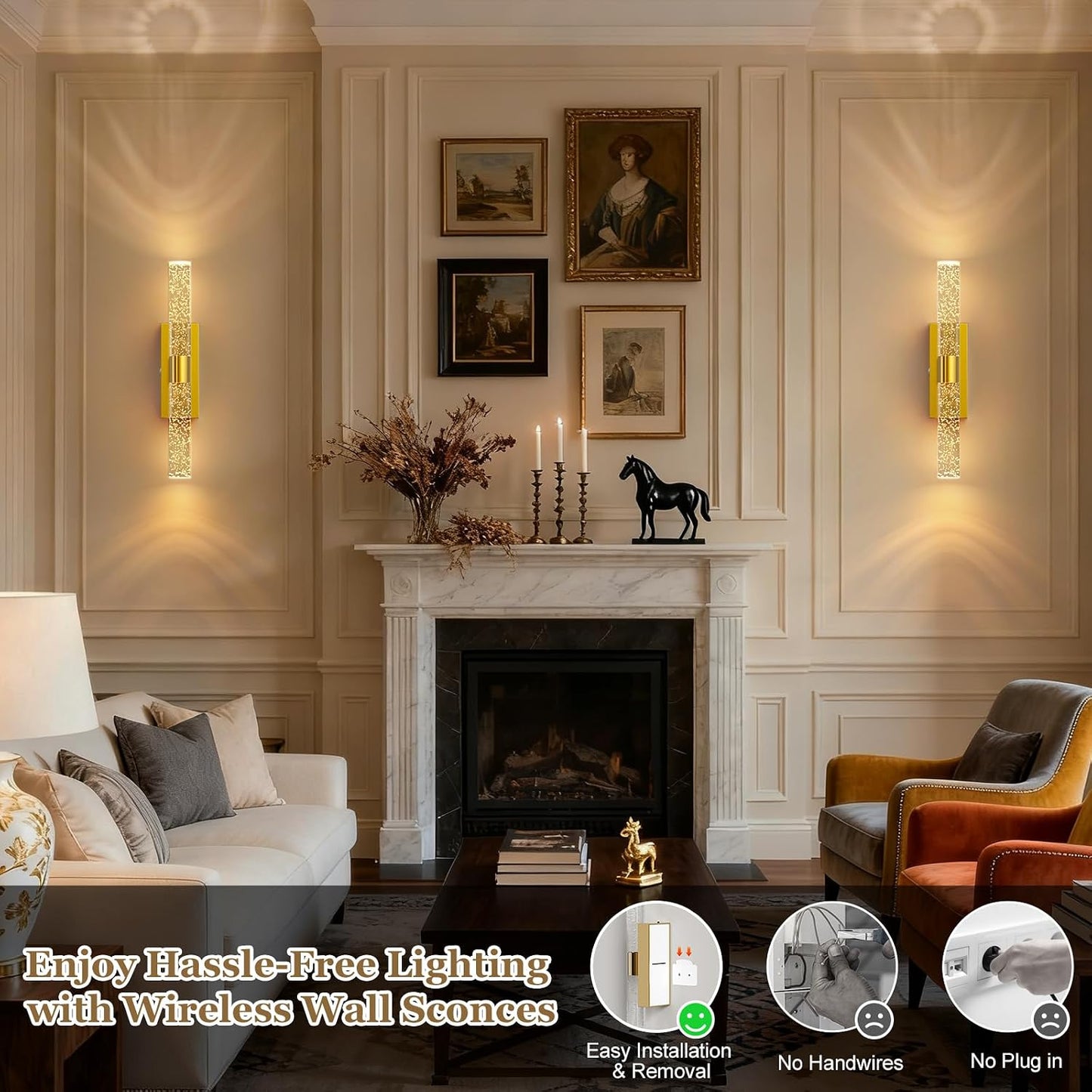 17 Inch Battery Operated Wall Sconces Set of two with 20000mAh Battery | Rechargeable Wall Lights with 3 Color - Wireless LED Arylic Wall Lamp with Remote for Bedroom Bathroom Hallway Living Room