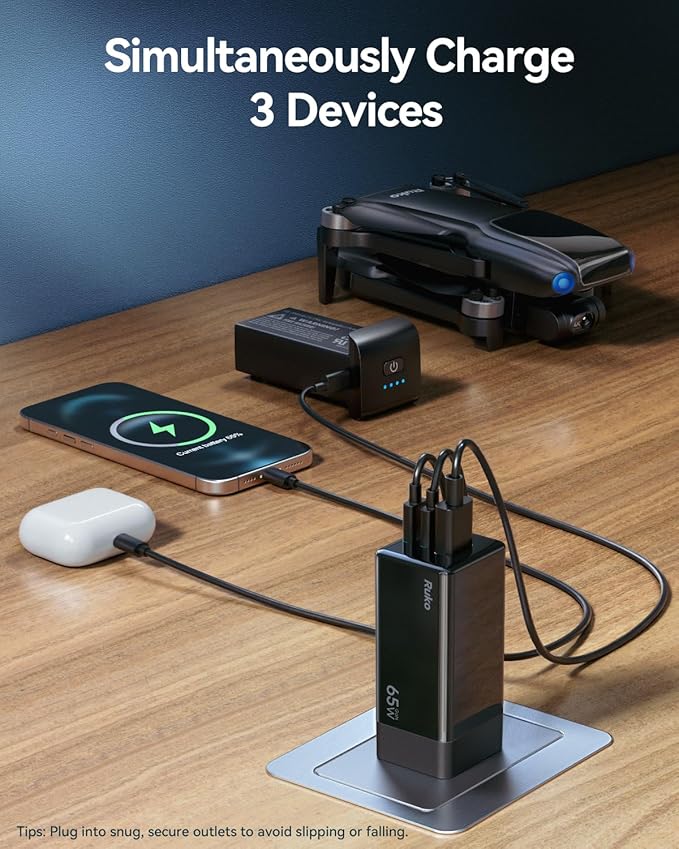 Ruko 65W USB C Charger, 3 Port Compact Foldable GaN Fast Charging Block Wall - Image 5