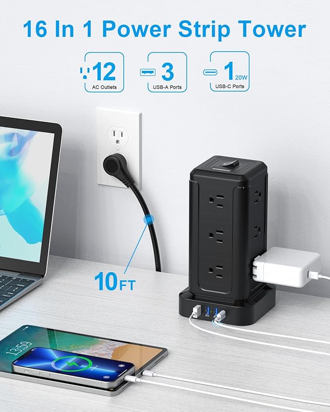 NVEESHOX Surge Protector Power Strip Tower, 10 FT Flat Plug Extension Cord - Image 2