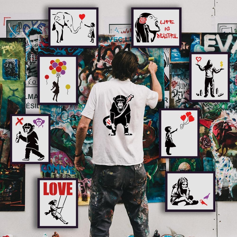 FINGERINSPIRE 9 pcs Banksy Painting Stencil 8.3x11.7inch Reusable Banksy Girl Boy Chimpanzee Pattern Drawing Template Life is Beautiful Decoration Stencil for Painting on Wood Wall Fabric Furniture