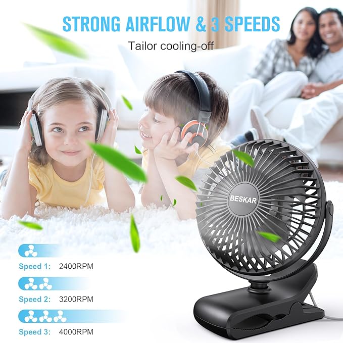 BESKAR Small Clip on Fan, 3 Speeds USB Fans - Image 8