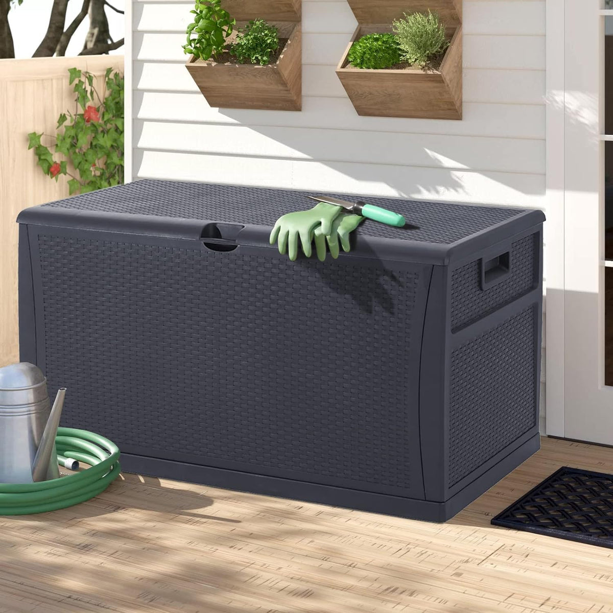 120 gallon resin wicker patio storage box, outdoor, main product view