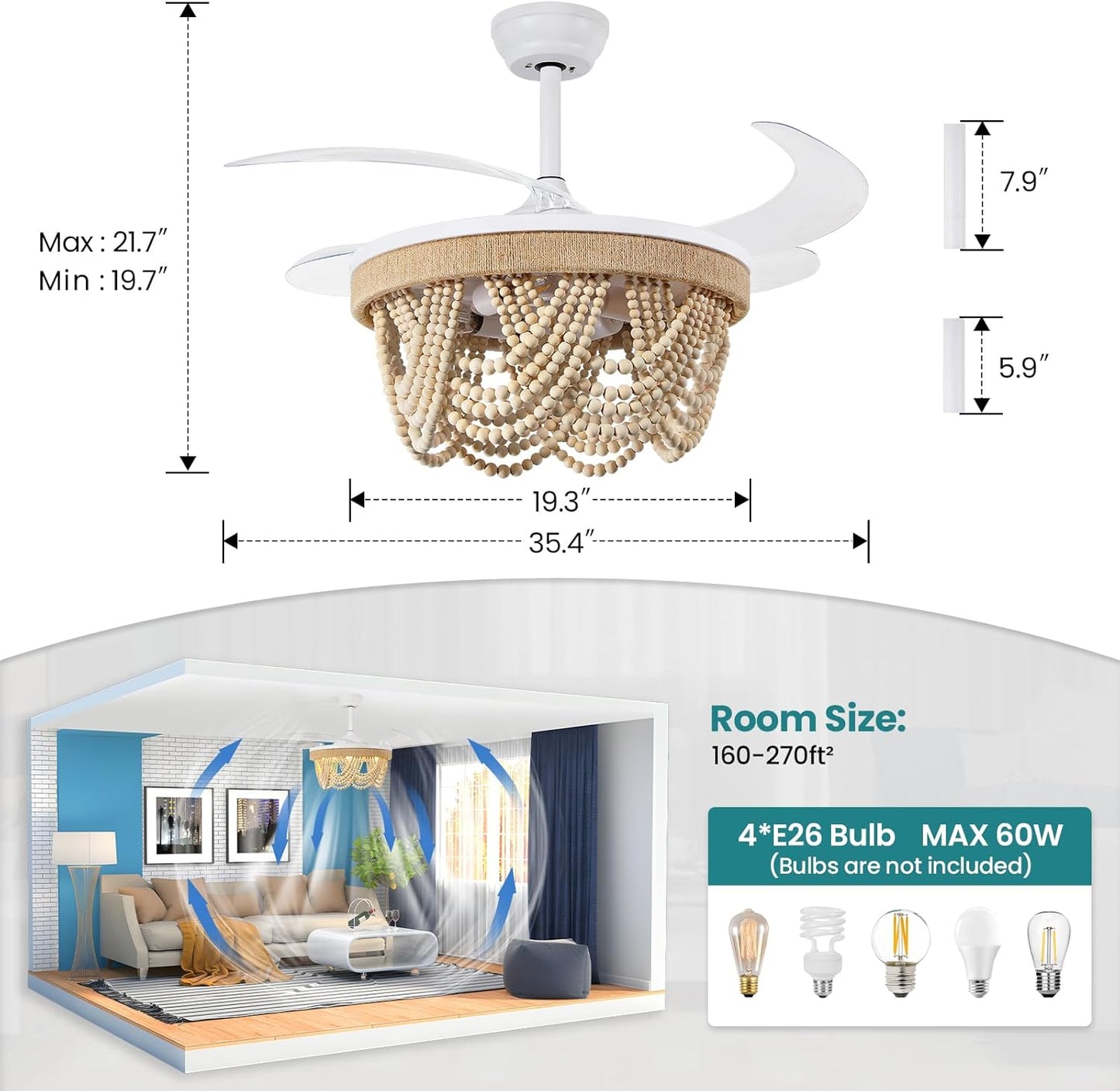 KAISITE Retractable Fandelier Ceiling Fan with Light 35" Boho Chandelier Ceiling Fan with Remote 6 Speeds Wood Beaded Semi-Flush Downrod Ceiling Fan Light for Bedroom Living Room