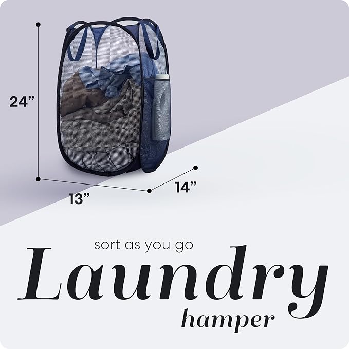 Handy Laundry Collapsible Mesh Foldable Hamper 14" x 14' x 24" Navy Blue - Image 2