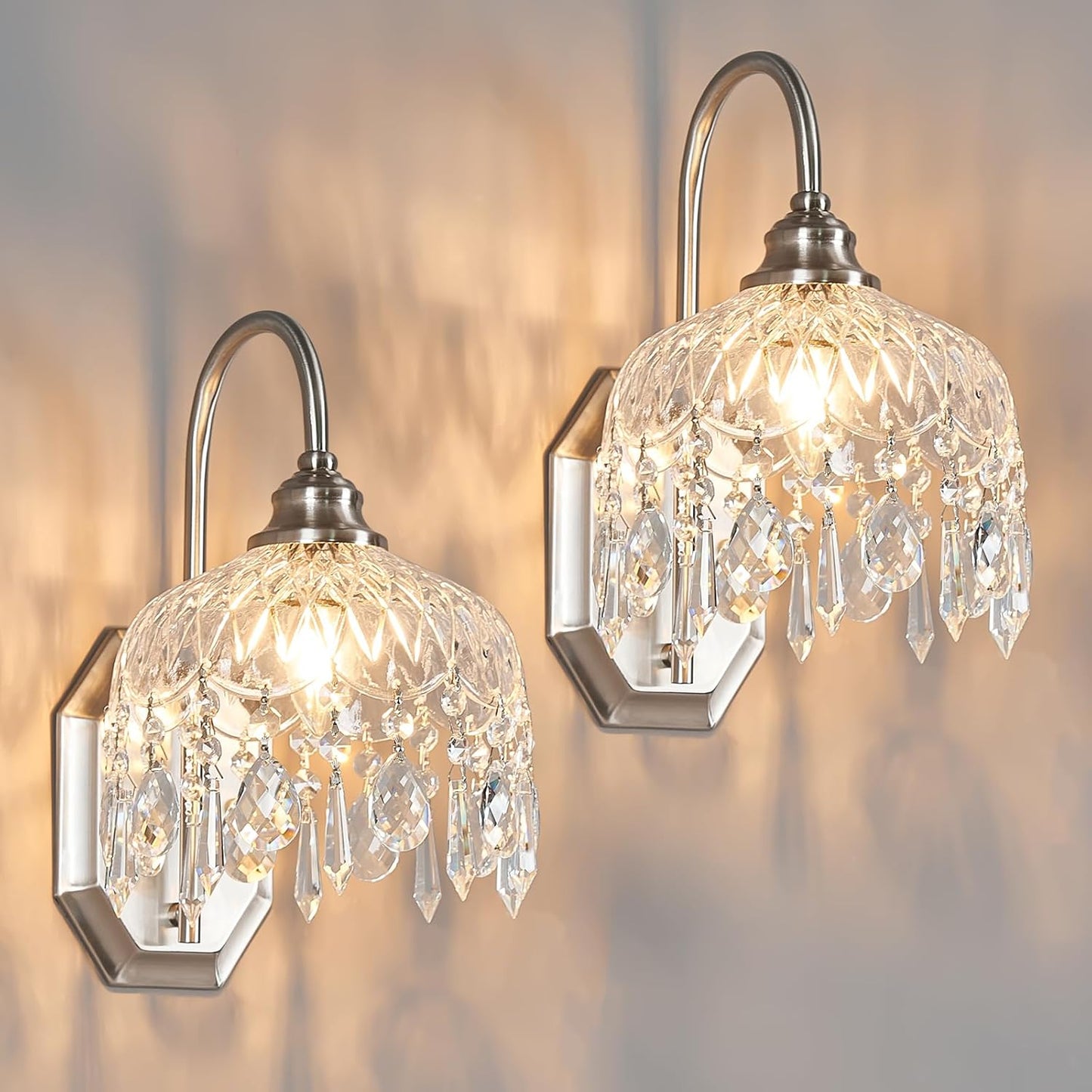 2-Pack Vintage Wall Sconce,Glass Crystal Wall Sconce,Matte Brushed Antique Nickel Finish Set of Two for Bedroom Bathroom Hallway Living Room Decor