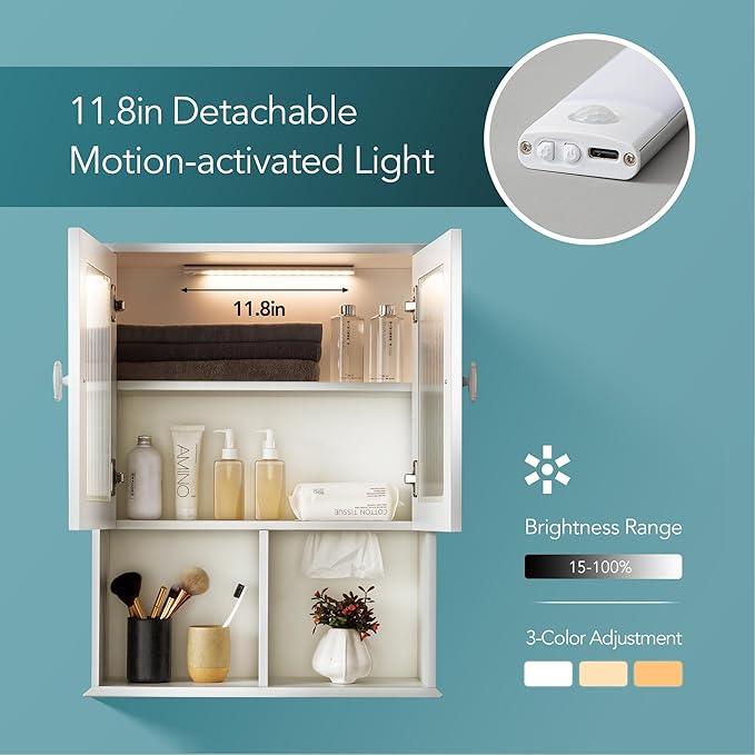 Bathroom Wall Cabinet with Lighting & Tissue Hole, Wall Mounted Glass Door - Image 3