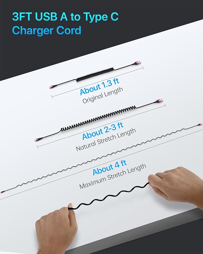 Coiled USB A to USB C Cable for Car, 3FT/5FT USB C Cable Fast Charging - Image 5