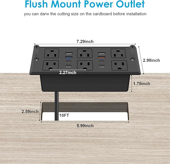 Recessed Power Strip, 30W PD USB-C & USB-A Fast Charging, Drawer Outlet Plug in - Image 7