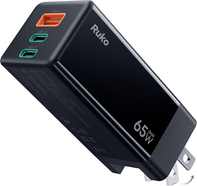 Ruko PD65W USB C Charger, 3-Port GaN Fast Charger Block, Compact Foldable Wall by Ruko